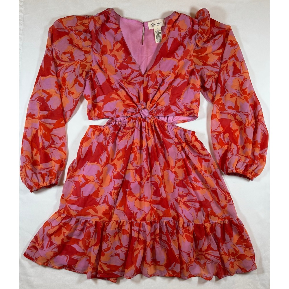 Jessica Simpson Floral Cut-Out Mini Dress Pink Orange Red Long Sleeve Medium